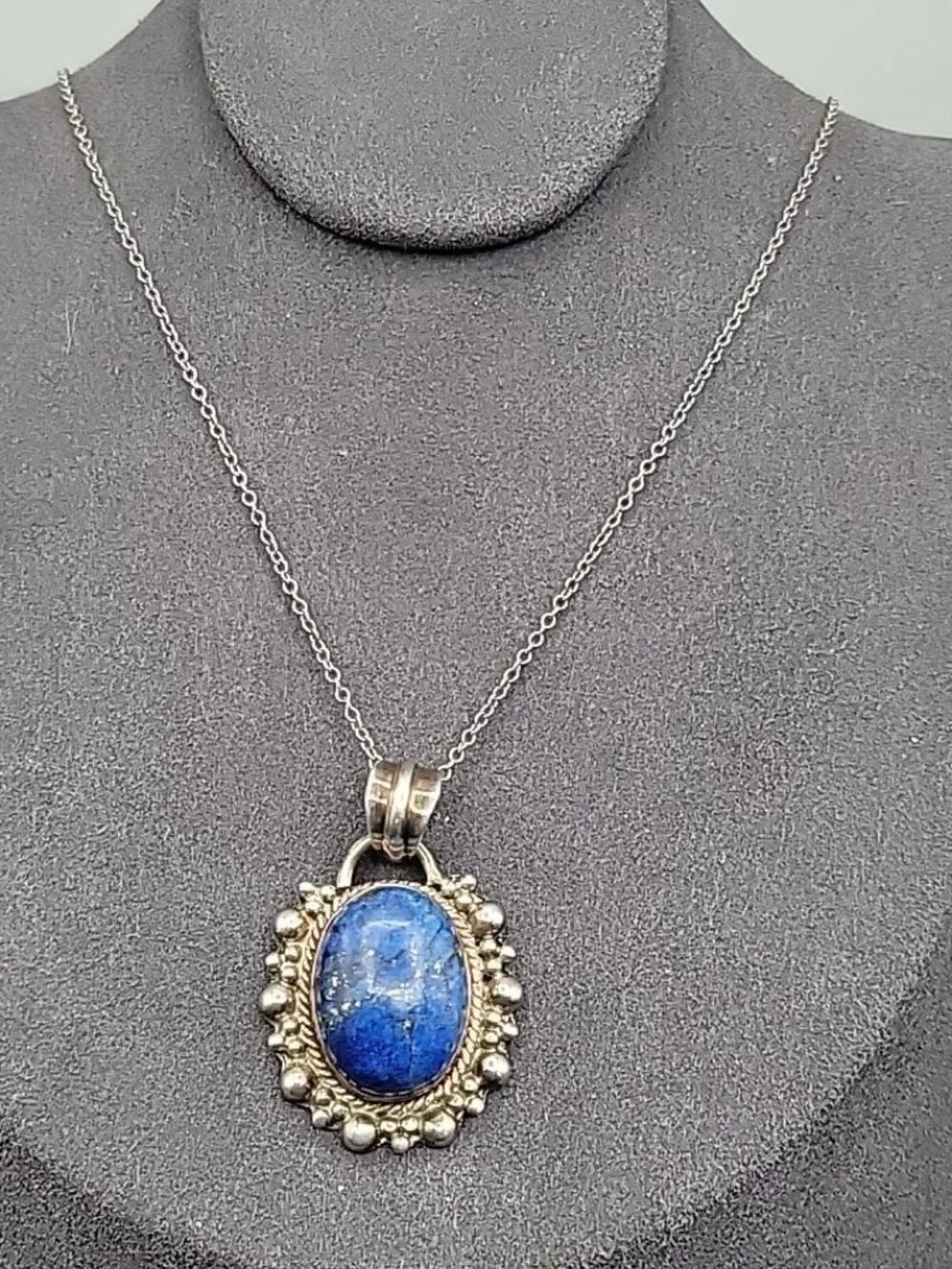 Sterling Silver & Lapis Lazuli Bubble Pendant Necklace 925 18" Chain 8.78 grams - Picture 3 of 14